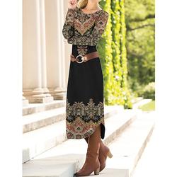 Femmes Robe Midi Robe d'Hiver Robe Ethnique Robe Imprimée ancien Ethnique Tribal Extérieur Vacances Quotidien Coupe Ample Géométrique Bloc de Couleur Tribal manche longue Col ras du cou Noir Rouge