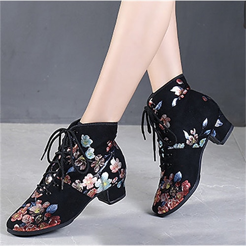 chaussures de danse à lacets à fleurs noires pour femmes – talon bas confortable, parfait pour la danse latine, de salon et sociale