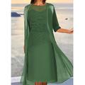 Robe mi-longue Femme Robe dentelle Manches 3/4 Eté Printemps Automne - Elégant Mature Lacet Ruché Brodée Couleur monochrome Col Ras du Cou Soirée robe demoiselle d honneur 2023 Bleu Poudré Vert S M L