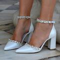 chaussures de mariage pour mariée demoiselle d'honneur femmes bout fermé bout pointu escarpins en faux cuir blanc avec strass cristal talon épais fête de mariage saint valentin élégant classique bride à la cheville