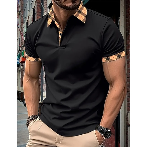 Homme POLO Polos boutonnés Casual Vacances Revers Manche Courte Mode basique Plaid Bloc de couleur Patchwork Eté Standard Noir Blanche Rouge bleu marine Bleu Ciel Beige POLO