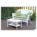 White Wicker Patio Love Seat and Coffee Table Set with Green Cushion