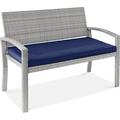 Outdoor Bench 2-Person Wicker Garden Patio Benches Seating Furniture for Backyard Porch w/Seat Cushion 700lb Capacity - Gray/Navy