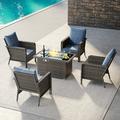 Brafab 4pcs Outdoor Patio Furniture Set with 44 Gas Fire Pit Table PE Wicker Patio Conversation Sets Cushioned Seat Couch Outdoor Sectional Chair Sofa Set for Yard Garden Porch