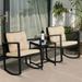 Outdoor Patio Furniture Set of 3 Rocking Bistro Set Rattan Rocking Chairs with Cushions and Glass Coffee Table Patio Conversation Sets for Lawn Garden Backyard Balcony Poolside Black