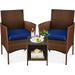 3-Piece Outdoor Wicker Conversation Bistro Set Space Saving Patio Furniture for Yard Garden w/ 2 Chairs 2 Cushions Side Storage Table - Brown/Navy
