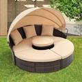 Outdoor Patio Round Daybed with Retractable Canopy & Lift Coffee Table Wicker Sofa Bed with Thick Cushions and Pillows Sectional Couch for Lawn Garden Backyard Pool Beige