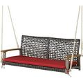 YZboomLife 2-Seat Rattan Porch Swing Chair Outdoor Wicker Swing Bench with Seat Cushion & Acacia Wood Armrests Two 118\u201D Hanging Ropes Included Patio Hanging Swing Chair for Fr