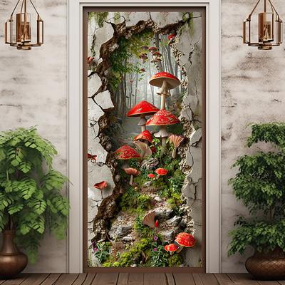 Broken Wall Mushrooms Door Covers Mural Decor Door Tapestry Door Curtain Decoration Backdrop Door Banner Removable for Front Door Indoor Outdoor Home Room Decoration Farmhouse Decor Supplies