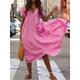 Women's Linen Maxi Dress V Neck Short Sleeve Ruched Swing A-Line Yellow Pink Fuchsia Casual