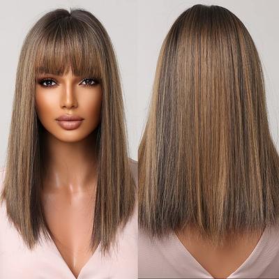 Brown Blonde Ombre Bob Wigs for Women Cosplay Wig with Bangs Dark Roots Gray Natural Hair Synthetic Wig barbiecore Wigs