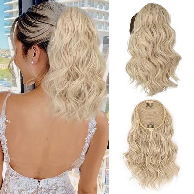 Grey Ponytail Extension for Women 14 Inch Short Curly Wavy Drawstring Ponytail Synthetic Clip in Ponytail Hair Extensions