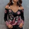 Women's Shirt Blouse Butterfly Casual Print Lace Trims Cold Shoulder Pink Long Sleeve Fashion V Neck Spring Fall