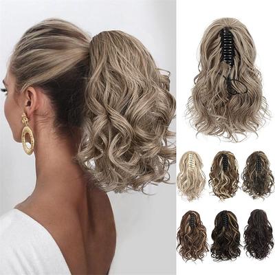 Ponytail Extension Claw Clip in Ponytail Hair Extensions 10 Inch Short Curly Ponytail Natural Wavy Synthetic Hairpiece for Women Daily Use - Chestnut Brown with Beach Blonde Highlights