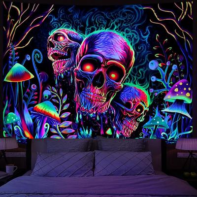Halloween Skull Skeleton Blacklight Tapestry UV Reactive Trippy Misty Mushroom Hanging Tapestry Wall Art Mural for Living Room Bedroom Decorations