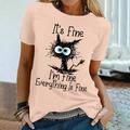 Women's T shirt Tee Funny Tee Shirt White Yellow Pink Graphic Cat Print Short Sleeve Casual Weekend Basic Round Neck Regular Cotton I'm Fine Everything Is Fine Cat Painting S