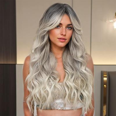 Long Wig with Bangs 26 Inch Wavy Wigs for Women Ombre Grey Ash Platinum Blonde Synthetic Middle Part Dark Roots Curly Heat Resistant Fiber Hair Wig for Girls Daily Party Cosplay Christmas Use