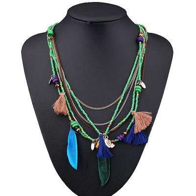 CARNIVAL Bohemian Multi layered Necklace Handmade Beaded Feather Fringe Sweater Chain Resin Rice Beads Tourism Jewelry