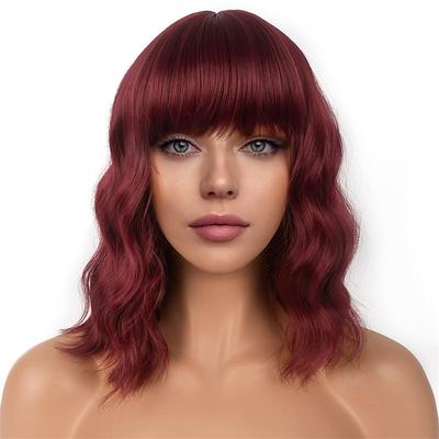 Dark Green Short Bob Wigs with Bangs for Women Loose Wavy Wig Curly Wavy Shoulder Length Bob Synthetic Cosplay Wig for Girl Colorful Costume Wigs St.Patrick's Day Wigs