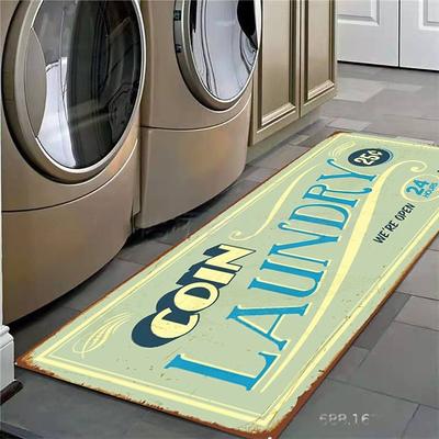 Laundry Bath Mat Non-slip Runner Non Skid Machine Washable Area Rugs Laundry Decor for Kitchen, Bath, Washroom Blue White