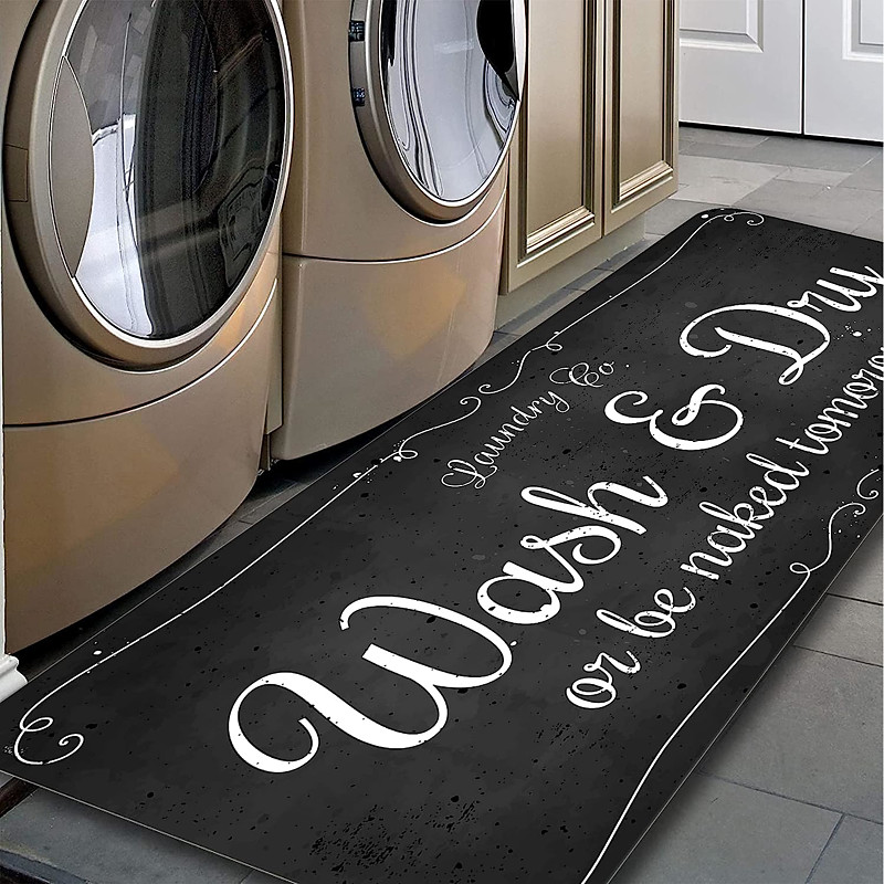 Laundry Bath Mat Non-slip Runner Non Skid Machine Washable Area Rugs Laundry Decor for Kitchen, Bath, Washroom Blue White