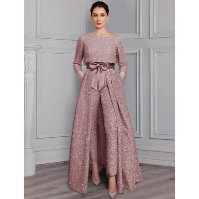 Jumpsuit / Pantsuit 3 Piece Mother of the Bride Formal Wedding Guest Elegant Sparkle Shine Scoop Neck Ankle Length Satin 3/4 Length Sleeve with Bow(s) 2025