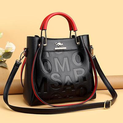 Women's Faux Leather Handbag with Embossed Letters and Red Handle - Ideal for Casual and Formal Events