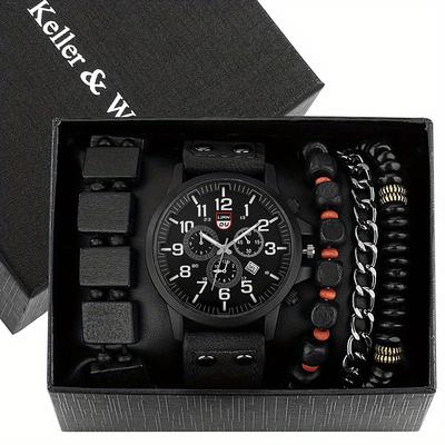 Keller Weber 5Pcs Watches Bracelet Set Luxury Men Quartz Wristwatches Leather Band Fahsion Casual Watch For Men Gift For Boyfriend