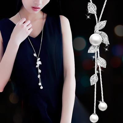 tassels long sweater chain necklace women fashion diamond leaves simple pearls necklace