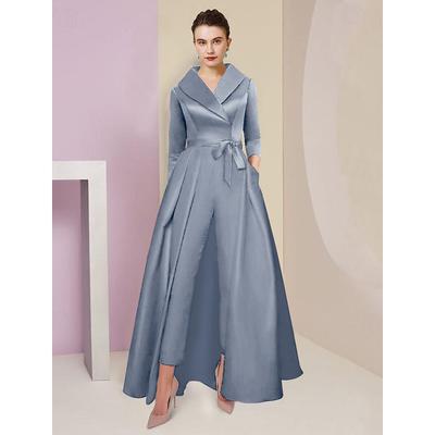 Jumpsuit / Pantsuit Mother of the Bride Tuxedo Formal Wedding Guest Elegant Party Simple Shirt Collar Ankle Length Satin 3/4 Length Sleeve with Bow(s) 2025 free custom size