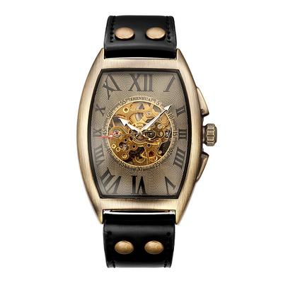 Cool Men Style Automatic Mechanical Analogue Watch Steam Punk Rock Gothic Leather Strap Black Brwon Watch Bullet Hollow-carved Design