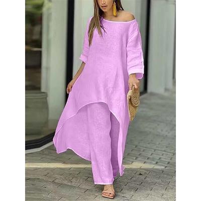 Women's Linen-Inspired Sets Two Piece Sets Pure Color Fashion Simple Casual Street Date Airport Breathable Crew Neck Long Sleeve Pant Summer Spring Home Outfits