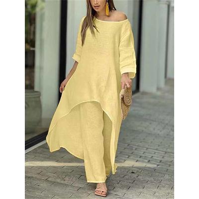 Women's Linen-Inspired Sets Two Piece Sets Pure Color Fashion Simple Casual Street Date Airport Breathable Crew Neck Long Sleeve Pant Summer Spring Home Outfits