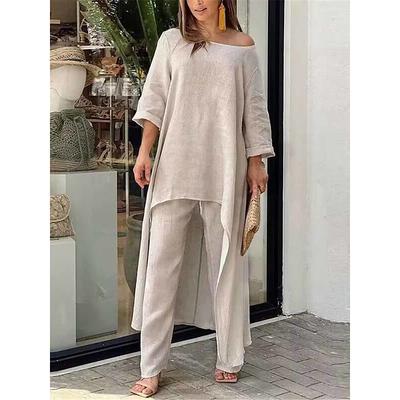 Women's Loungewear Sets Pure Color Fashion Simple Casual Street Date Airport Polyester Breathable Crew Neck Long Sleeve Pant Summer Spring White Yellow
