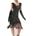 Women's Gold Sequin Dress Fringe Dress Party Dress Sparkly Dress Little Black Dress Black Retro 1920s Midi Dress Halloween Tassel Floral V Neck Sleeveless