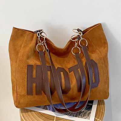 Large Capacity Canvas Tote Bag with Leather Straps, Gold Chain Accents, and Bold Lettering - Available in 4 Colors, Perfect for Daily Use and Travel