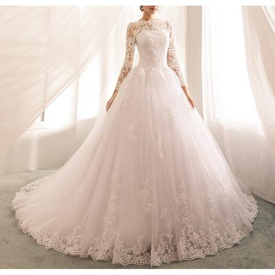 TS Engagement Formal Wedding Dresses Ball Gown Illusion Neck Long Sleeve Court Train Lace Bridal Gowns With Appliques 2025