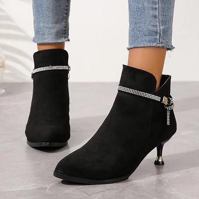 Women's Black Suede Ankle Boots – Rhinestone Embellished Strap, Kitten Heel, and Pointed Toe for Party and Evening Wear