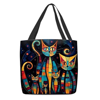 Women's Colorful Cat Print Tote Bag, Artistic Design with Large Capacity, Perfect for Daily Use or Shopping