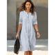 Women's White Dress Casual Dress Cotton Linen Dress Midi Dress Button Print Daily Vacation Crew Neck 3/4 Length Sleeve Summer Spring Fall White Royal Blue Geometric Striped