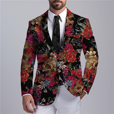 Men's Floral Skeleton Coat Blazer Warm Breathable Comfortable Business Gothic Work Wear to work Going out Buttons Print Multi Pocket Fall Winter Turndown Long Sleeve Red Blue Green