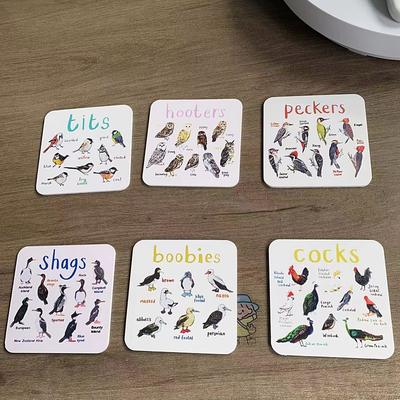 Set of 6 Bird Pun Coasters, Desktop Coaster Bird Square Coaster Set Creative Table Non-slip Tea Coaster
