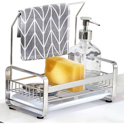 Stainless Steel Sponge Holder with Dishcloth Drying Rack Kitchen Sink Organizer Caddy Tray Sponge Brush Soap Holder Set with Removable Drain Tray for Kitchen