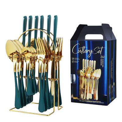 24 Piece Gold Silverware Flatware Cutlery Set with Stand Include Knife Fork Spoon, Hanging Stainless Steel Utensils Set, Home Kitchen Tableware Set-Green Handle