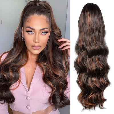 24 Inch Long Body Wave Ponytail hair Extension Synthetic Heat Resistant Wrap Around Drawstring Curly Wavy Ponytail Hairpieces for Women