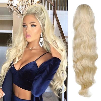 24 Inch Long Body Wave Ponytail hair Extension Synthetic Heat Resistant Wrap Around Drawstring Curly Wavy Ponytail Hairpieces for Women