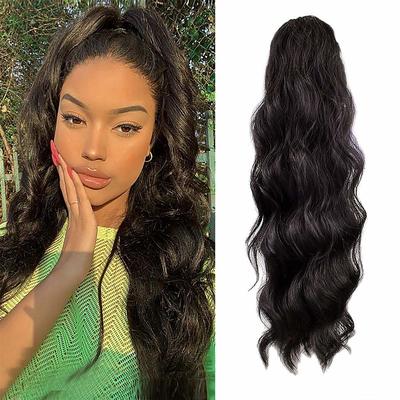 24 Inch Long Body Wave Ponytail hair Extension Synthetic Heat Resistant Wrap Around Drawstring Curly Wavy Ponytail Hairpieces for Women