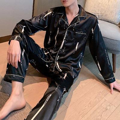 Men's Sleepwear Silk Pajama 2 Pieces Star Leaves Simple Comfort Home Daily Faux Silk Breathable Lapel Long Sleeve Pant Pocket Fall Spring Black Blue