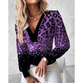 Women's Shirt Blouse Leopard Casual Print Blue Long Sleeve Fashion V Neck Spring Fall