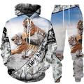 Men's Tracksuit Hoodies Set WhiteDark Gray BlackLight Grey Black Yellow Light Grey Hooded Graphic Tiger 2 Piece Print Sports Outdoor Casual Sports 3D Print Streetwear Basic Casual Spring Fall